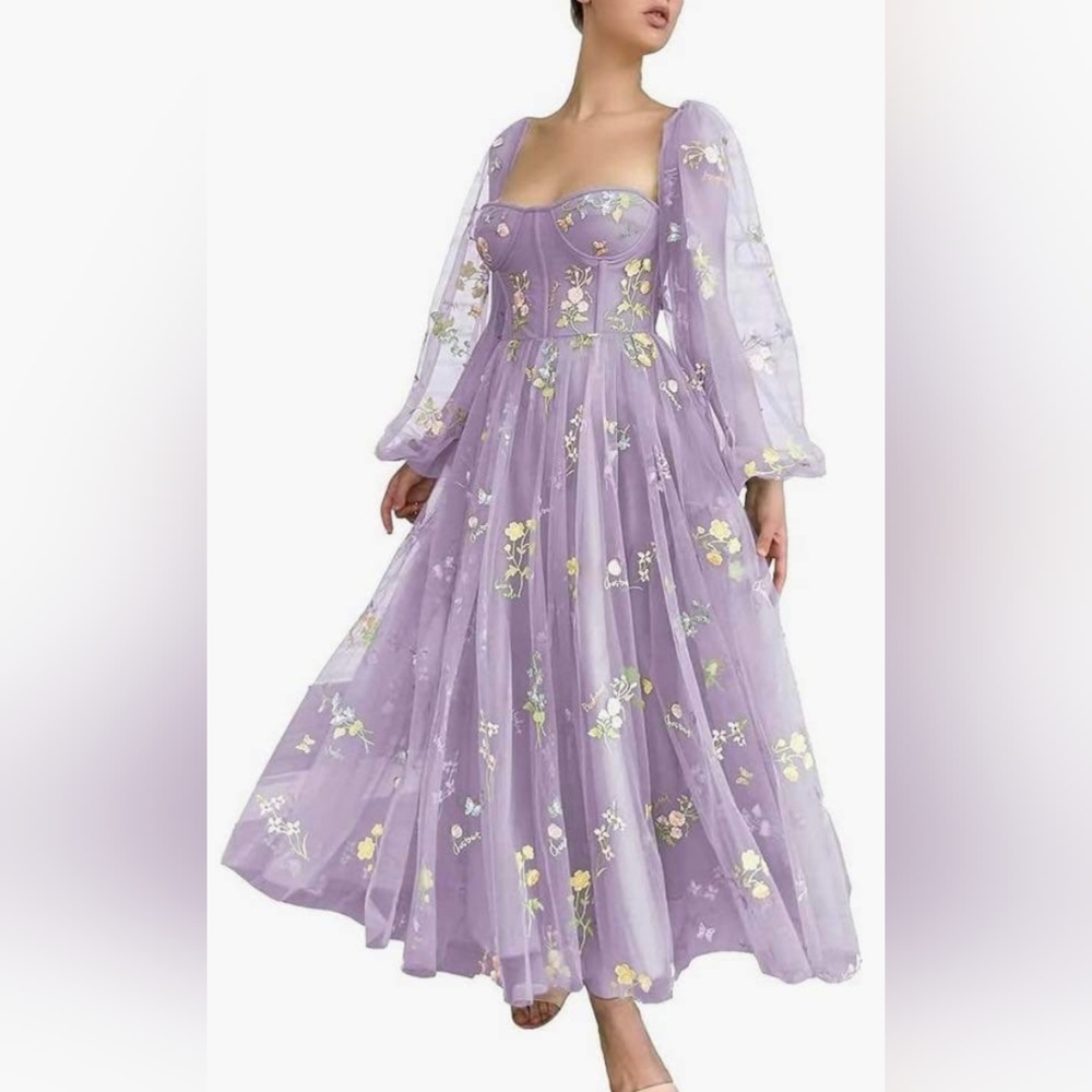 Embroidered 🧚‍♀️ Floral Tulle Puff Sleeve Formal Dress 20W NEW
